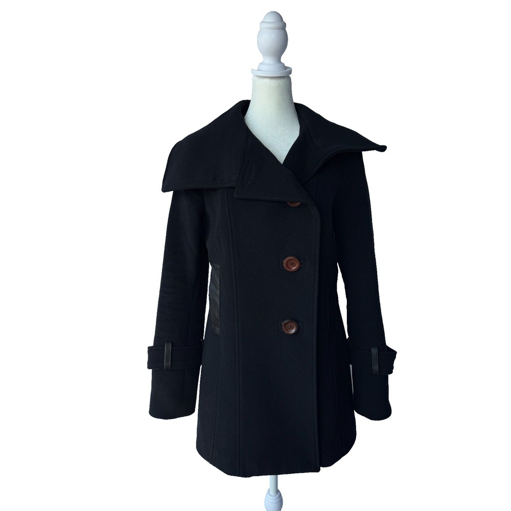 Mackage Black Wool Cashmere Coat Leather Trim Womens M Luxury Minimalist Winter‎
